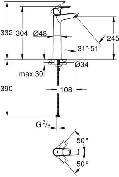 Смеситель для раковины (умывальника) Grohe 23764001 BauLoop XL EcoJoy, однозахватный