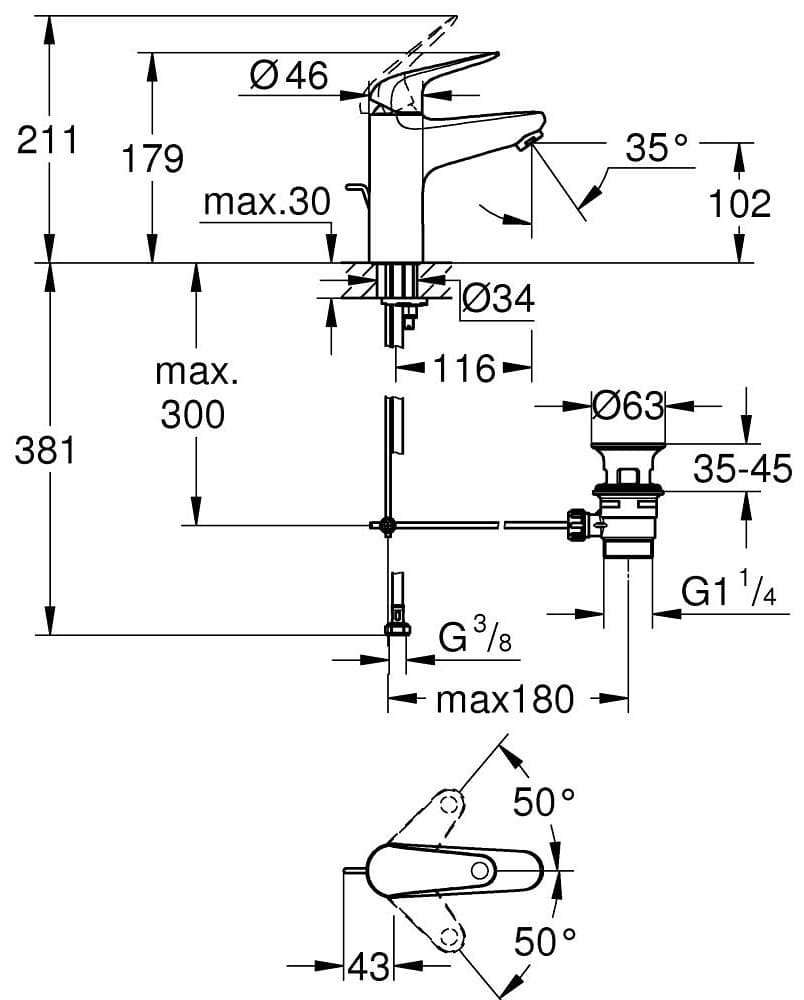 Смеситель для раковины (умывальника) Grohe Euroeco 24265001, однозахватный