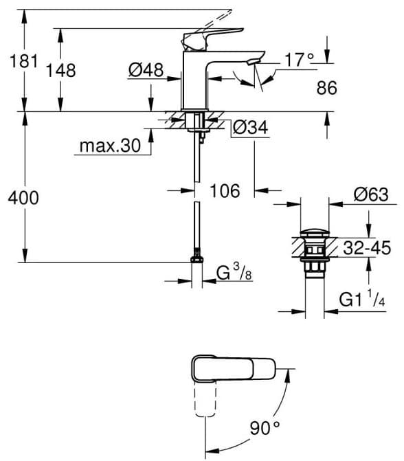 Смеситель для раковины (умывальника) Grohe Cubeo 1017320000, размер S, однозахватный