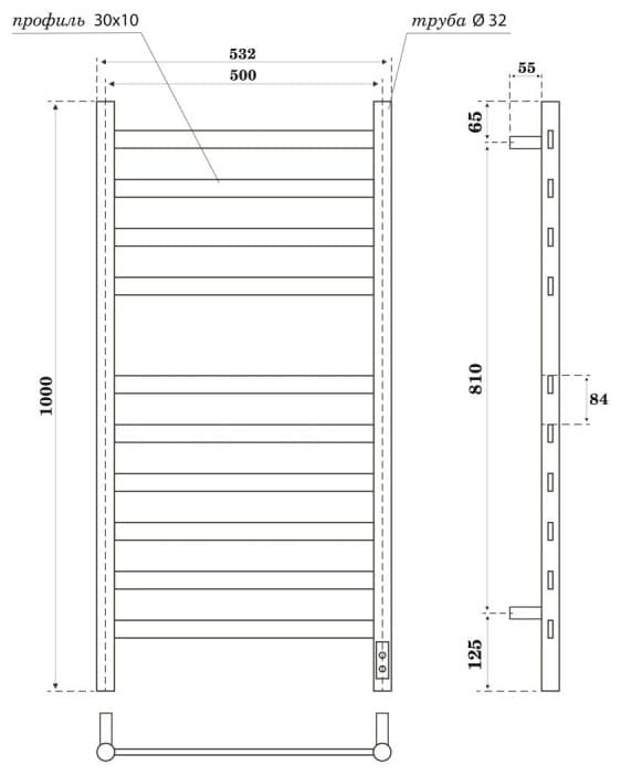 Полотенцесушитель электрический POINT Селена PN16850GR П10 500x1000, диммер справа, графит премиум, лесенка 50x100 см