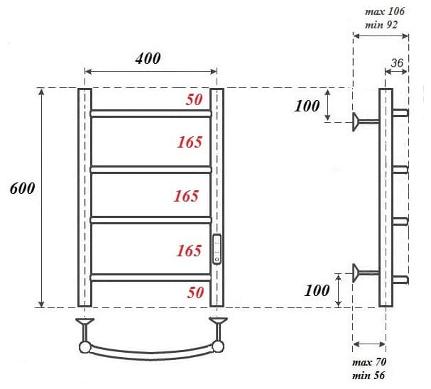 Полотенцесушитель электрический POINT Афина PN04846W П4 400x600 диммер справа, белый, лесенка 40x60 см