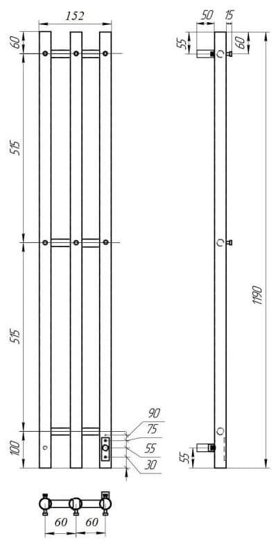Полотенцесушитель электрический POINT Деметра PN12822B П3 120x1200 диммер справа, черный, I-образный 12x120 см