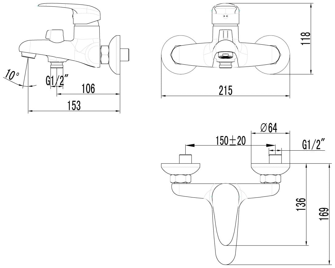 Смеситель для ванны Lemark LM3314C, латунь, цвет хром