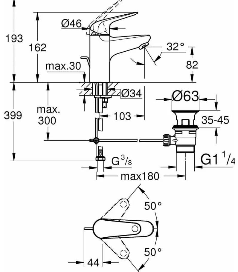 Смеситель для раковины (умывальника) Grohe Euroeco 23262001, однозахватный