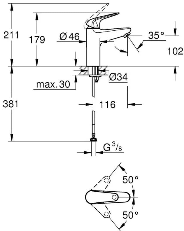 Смеситель для раковины (умывальника) Grohe Euroeco 24266001, однозахватный