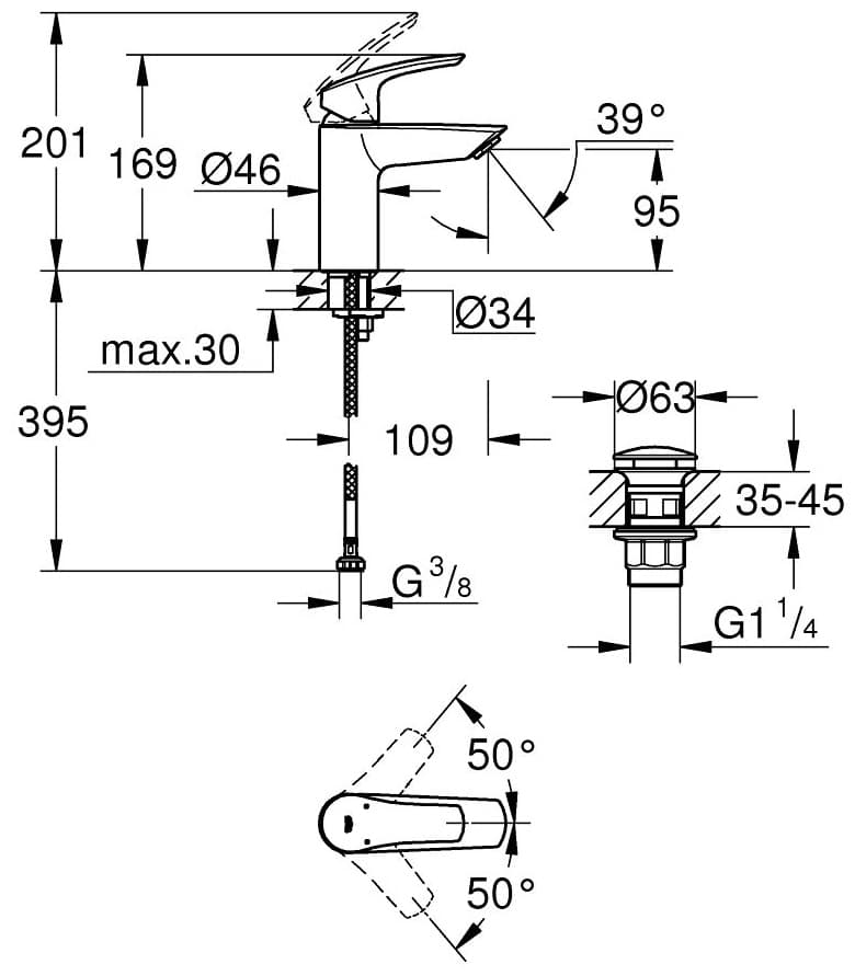 Смеситель Grohe Eurosmart 23922, черный матовый, латунь, цвет черный