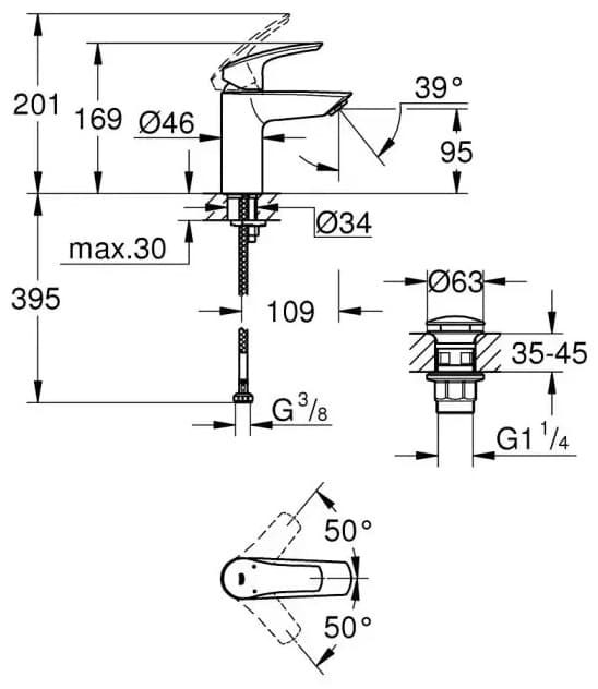 Смеситель Grohe White House Grohe Eurosmart 239222433, латунь, цвет черный