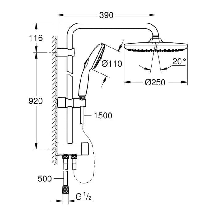 Набор для душа GROHE Tempesta System 250, с дивертором, штанга 920 мм, матовый черный (269792431)