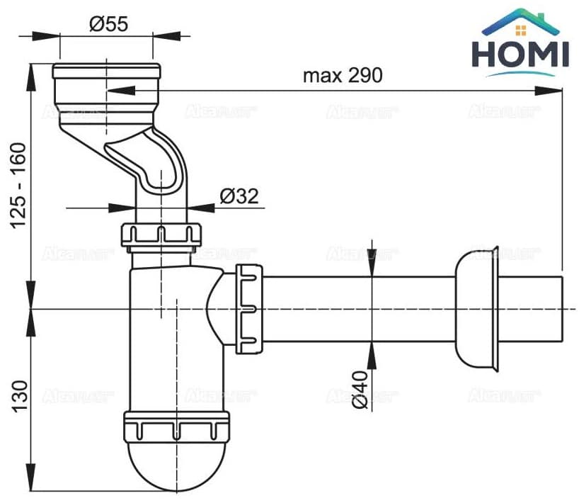 Сифон Alcaplast FlowSeal диаметром 40 с манжетой 40 мм