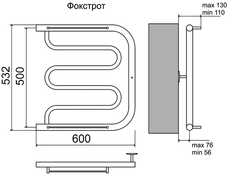 Полотенцесушитель водяной Terminus Фокстрот 4620768881299, 600x500, ширина 60 см, высота 50 см, боковое подключение 50 см, хром