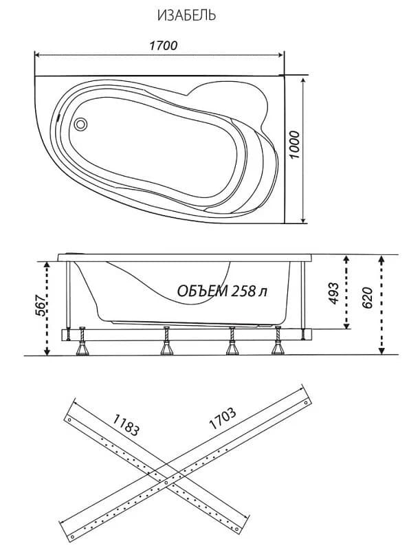 Ванна акриловая Triton OMP Изабель Щ0000048746/Щ0000048747, 170 x 100 см, левая/правая, белая