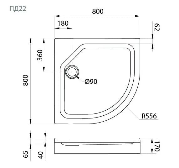 Поддон душевой Triton Щ0000038720, 80 x 80 см, ПД22 высота 17 см, четверть круга, белый