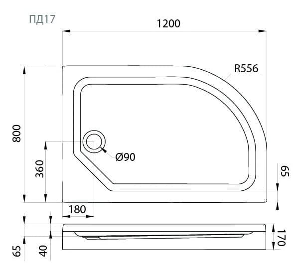 Поддон душевой Triton Щ0000038229/Щ0000038230, 120 x 80 см, высота 17 см, прямоугольный-асимметричный, белый, левый/правый