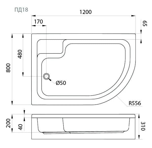 Поддон душевой Triton ПД18 Щ0000038231/Щ0000038232, 120 x 80 см, средний 31 см, прямоугольный-асимметричный, белый, левый/правый